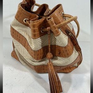 Women’s Brahmin Brown Croc Leather and Cream Raffia Woven Shoulder Bucket Bag